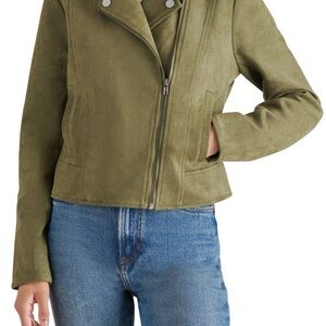NWT woman’s soft faux suede moto jacket with a cropped hem forest green Size XL.